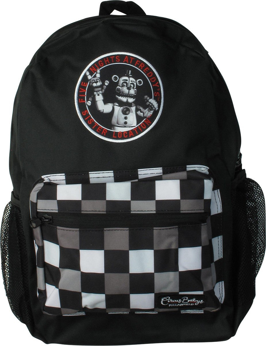 FNAF Black with Checkered Print Backpack Freddy Fazbear Camera Snapshot Logo Black Five Nights at