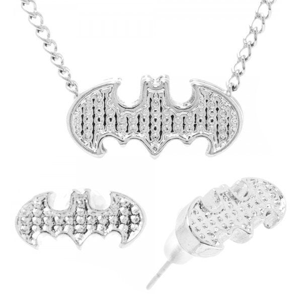Batman Embossed Necklace Earrings Jewelry Set