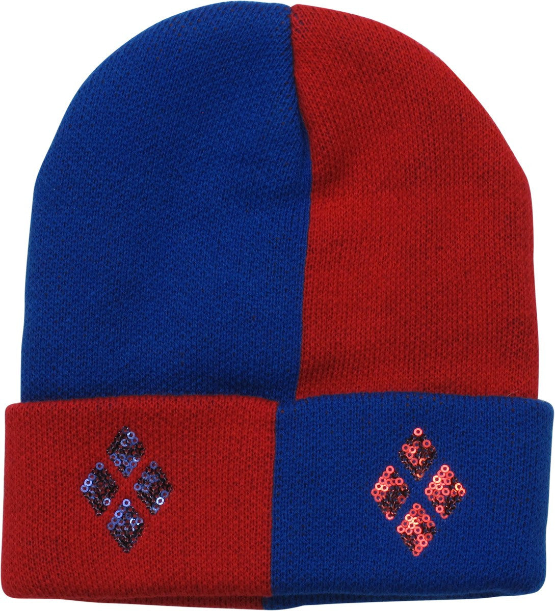 Harley Quinn Red Blue Sequin Cuff Beanie