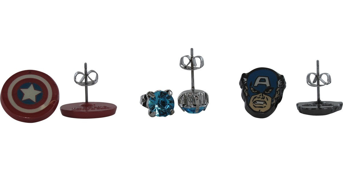 Captain America Logo Face Stud 3 Pair Earrings Set