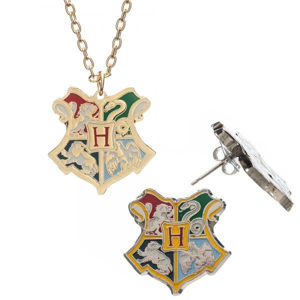 Harry Potter Hogwarts Crest Necklace Earrings Jewelry Set