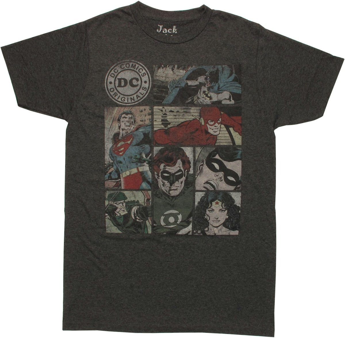 Justice League Seven Panels Charcoal T Shirt Sheer
