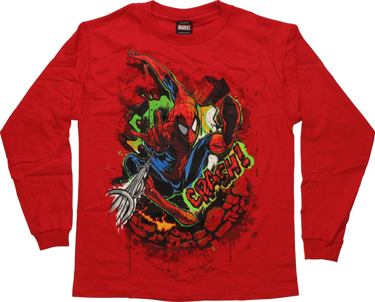 Spiderman Crash Red Long Sleeve Youth T Shirt