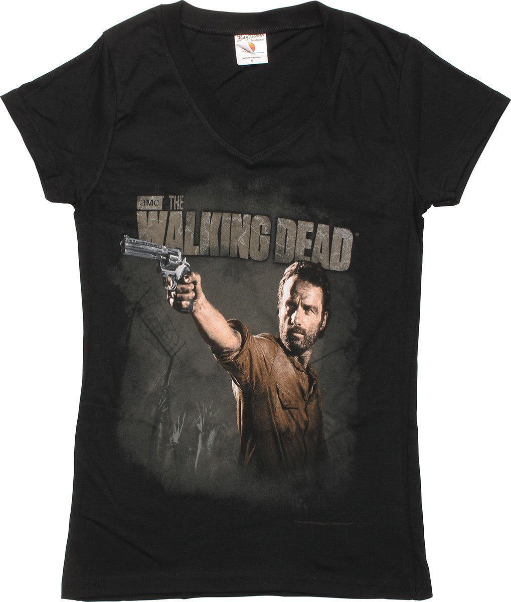 Walking Dead Rick Revolver V Neck Juniors T-Shirt