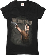 Walking Dead Rick Revolver V Neck Juniors T-Shirt