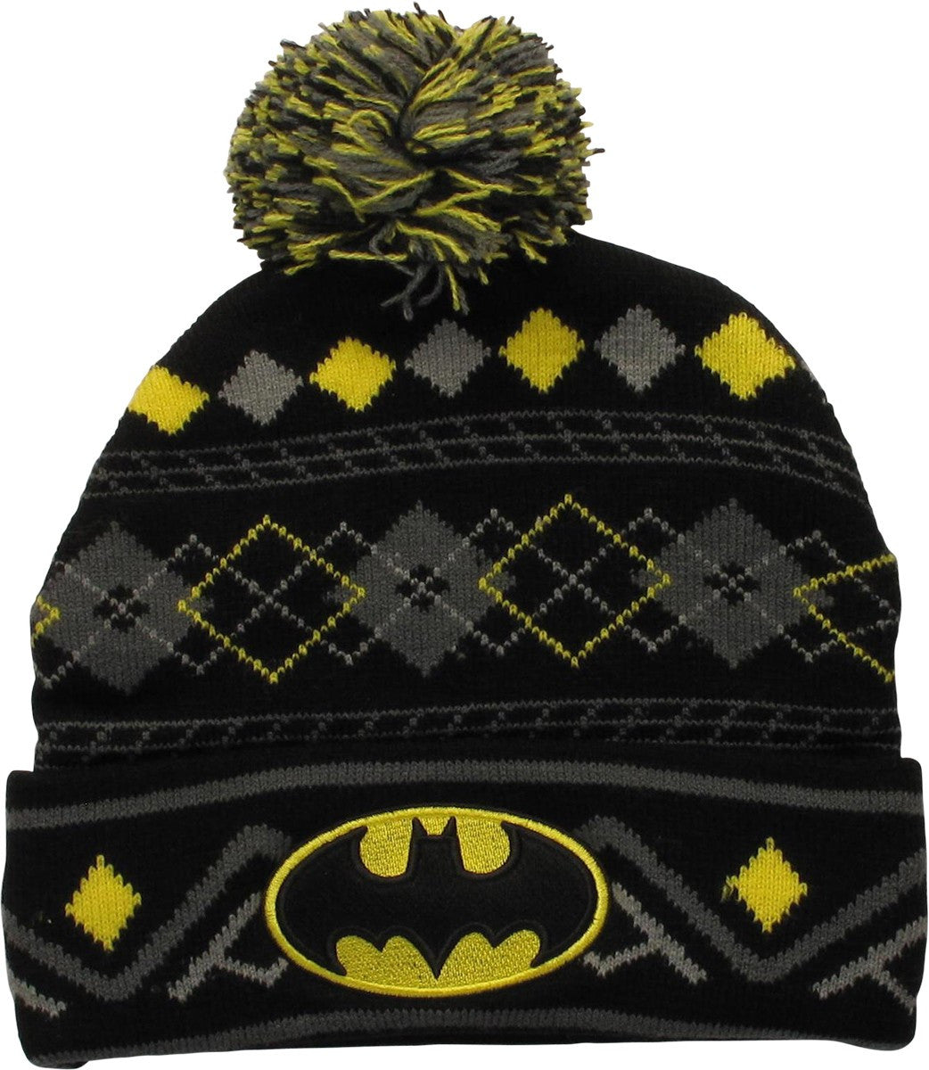 Batman Batman Logo Argyle Design Cuff Pom Beanie