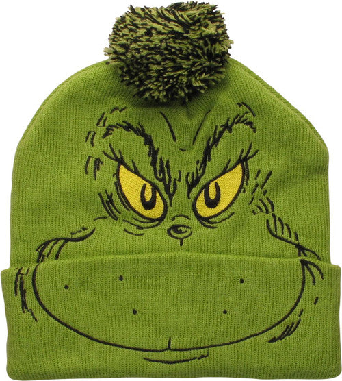 Dr Seuss The Grinch Grinning Face Cuff Pom Beanie