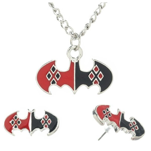 Harley Quinn Bats Necklace Earrings Jewelry Set
