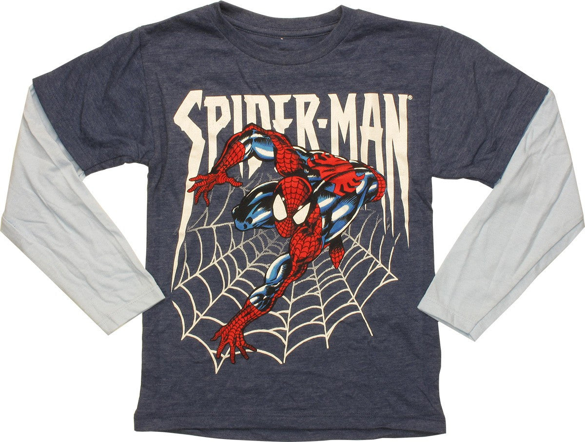 Spiderman Web Cling LS Blue Juvenile T-Shirt