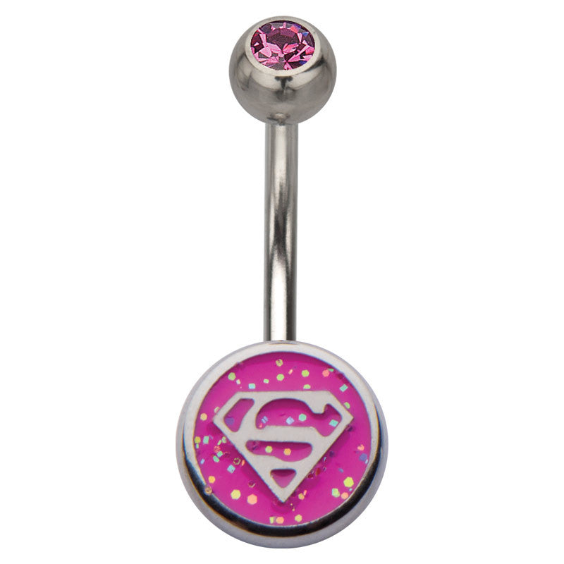 Supergirl Silver Logo Round Gemmed Belly Ring