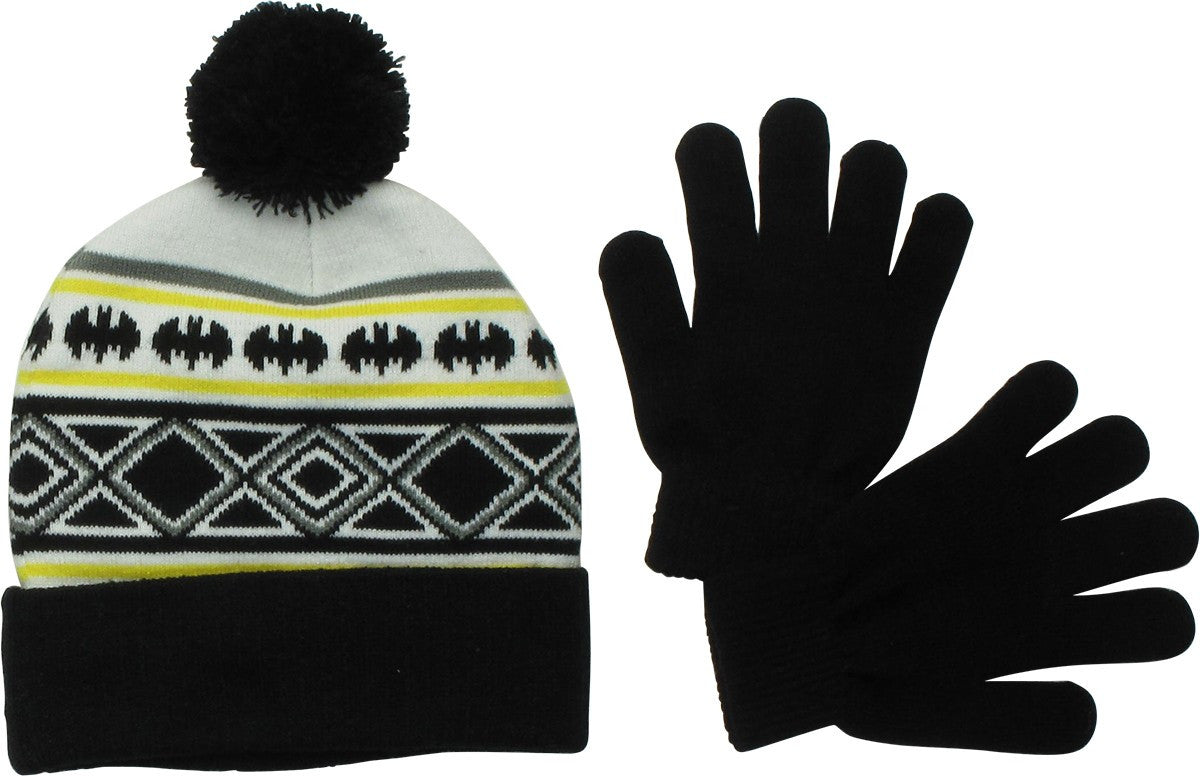 Batman Logo Motif Pom Cuff Youth Beanie Gloves Set